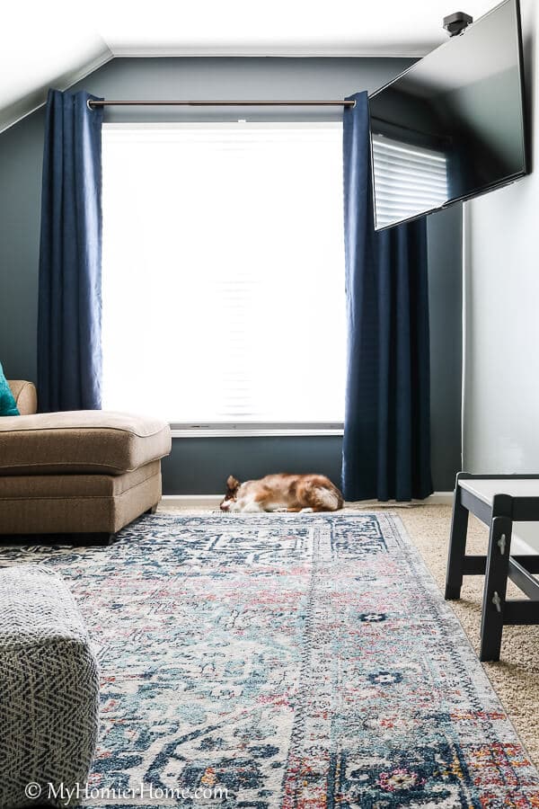 The bonus room has become one of our favorite spots with the moody color Irony by Clare paint