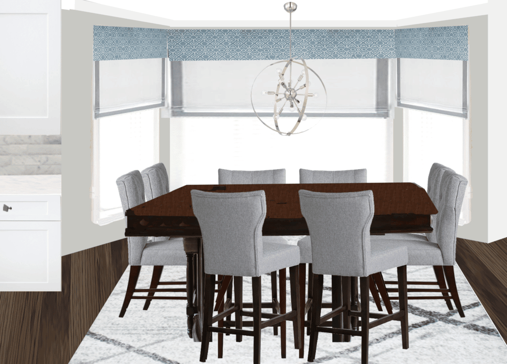 Dining Area Blue, gray, and neutral dining area