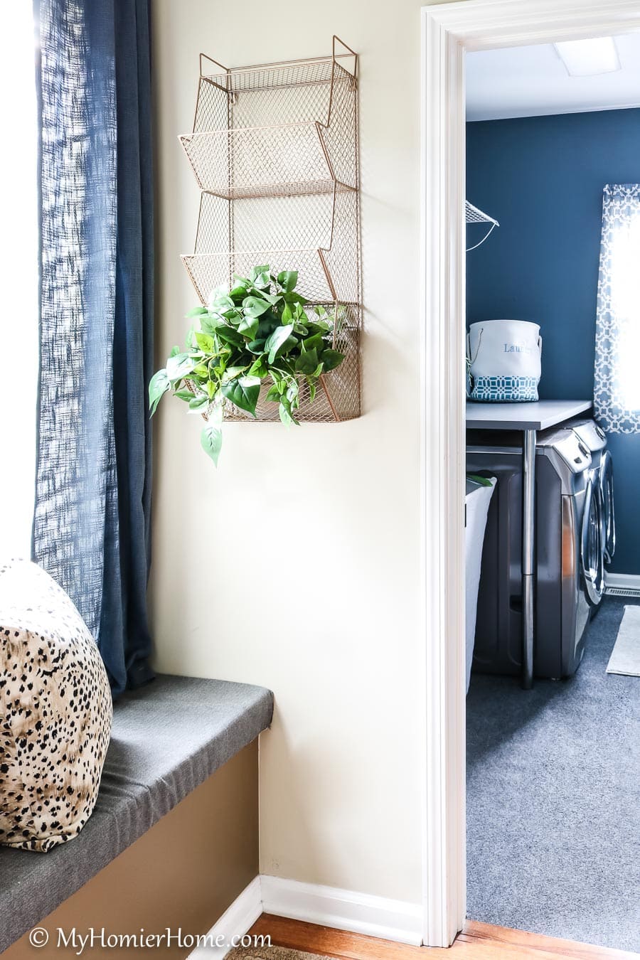 Garage Entryway-3 Learn how I transformed my tiny entryway window seat into a beautiful and functional space.
