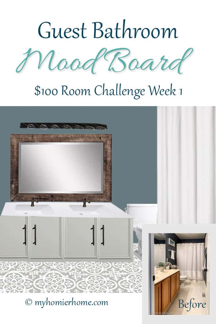 Guest Bathroom Mood Board - Pinterest 1 Wanna see my plan to update my 90s bathroom for $100? Come check out my guest bathroom mood board and before photos.