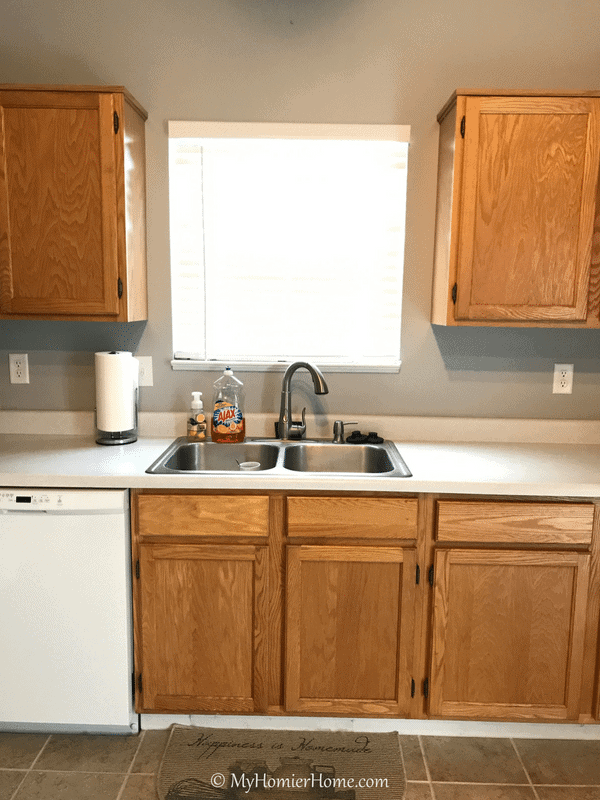 Before photo for a kitchen renovation on a budget.