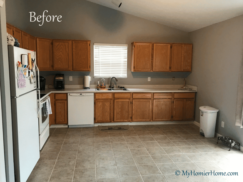 Before photo for a kitchen renovation on a budget with java gel stain.