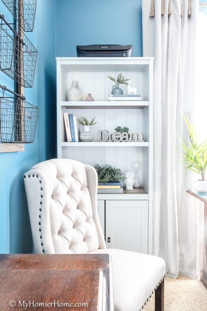 Looking for inspiration for your home office/craft room? My Home Office/Craft Room is complete! Come check out what I did in my final reveal, including a new light fixture, a statement ceiling, and all kinds of organization!