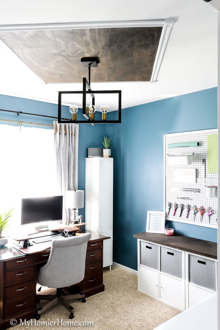 Home Office Craft Room-14 Looking for inspiration for your home office/craft room? My Home Office/Craft Room is complete! Come check out what I did in my final reveal, including a new light fixture, a statement ceiling, and all kinds of organization!