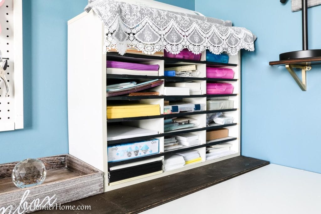 Home Office Craft Room-18 Looking for inspiration for your home office/craft room? My Home Office/Craft Room is complete! Come check out what I did in my final reveal, including a new light fixture, a statement ceiling, and all kinds of organization!