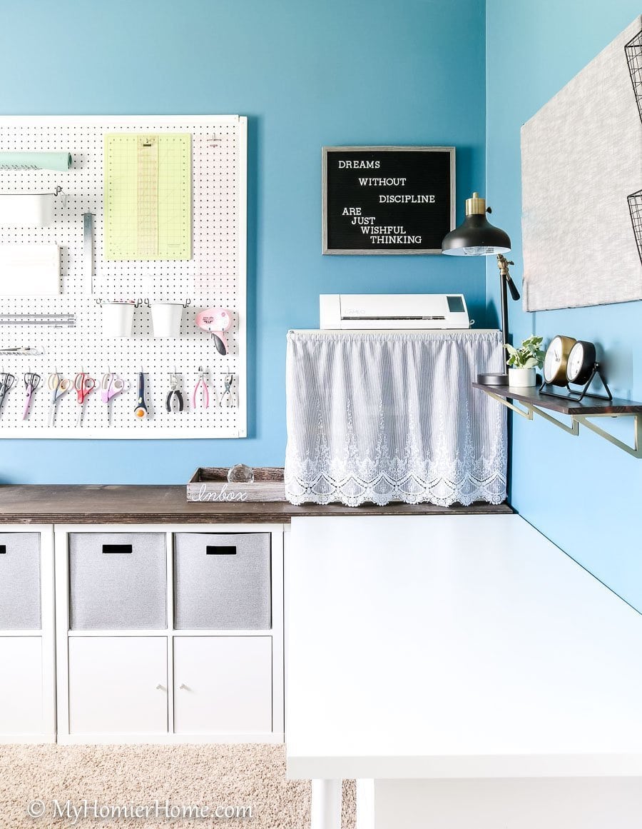 Home Office Craft Room-19 Looking for inspiration for your home office/craft room? My Home Office/Craft Room is complete! Come check out what I did in my final reveal, including a new light fixture, a statement ceiling, and all kinds of organization!