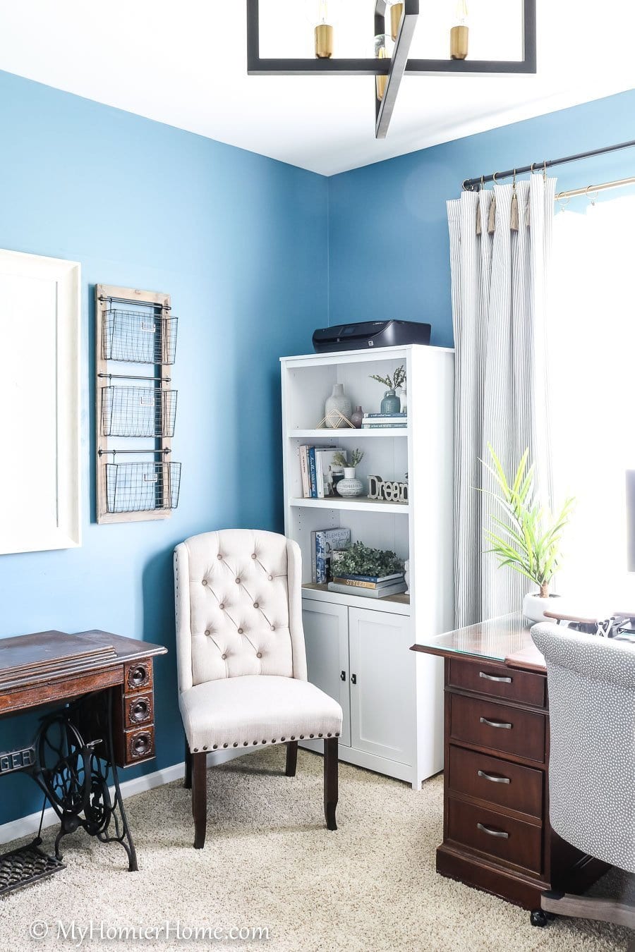 Home Office Craft Room-2 Looking for inspiration for your home office/craft room? My Home Office/Craft Room is complete! Come check out what I did in my final reveal, including a new light fixture, a statement ceiling, and all kinds of organization!