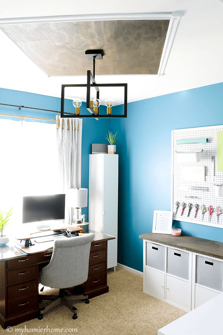 Home Office Meets Craft Room 1 Looking for inspiration for your home office/craft room? My Home Office/Craft Room is complete! Come check out what I did in my final reveal, including a new light fixture, a statement ceiling, and all kinds of organization!