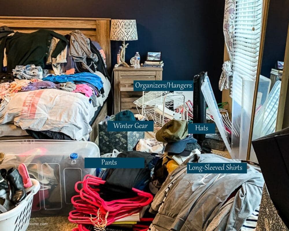 Master Closet Declutter Clothes Pile 4 (1) Create piles of like items as you remove items from your master closet. Then, purge each pile separately.
