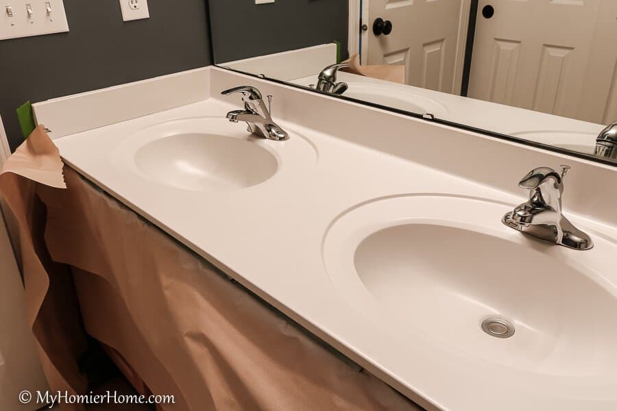 Spray Paint Bathroom Countertops-2 spray painting bathroom countertops is my new favorite way for a cheap and easy way to update a dingy counter.